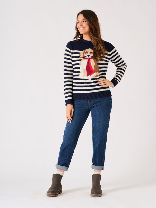 Navy and White Striped Dog Design Knitted Jumper - Collared