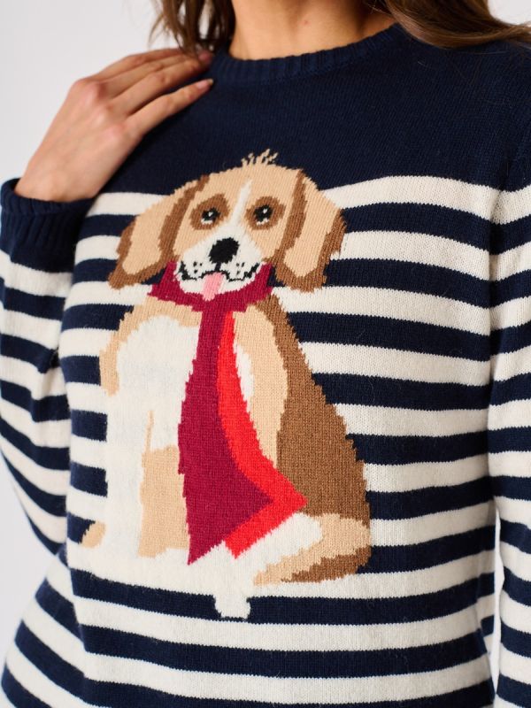 Navy and White Striped Dog Design Knitted Jumper - Collared