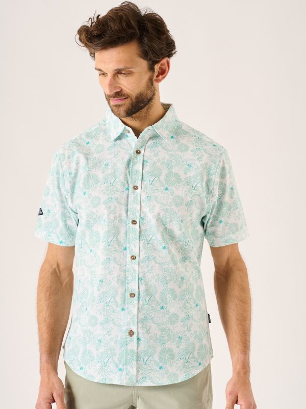 Dovensham White and Green Short Sleeve Shirt With Leaf Design