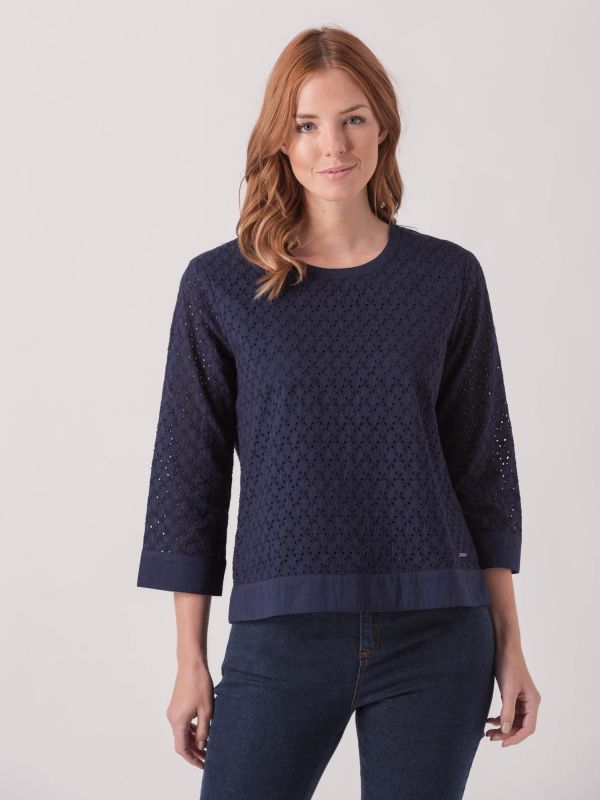Gayfeather Navy Broderie Long Sleeve Top