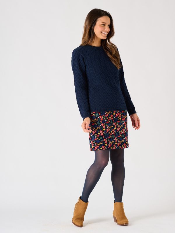 Navy Floral Nautical Print A-Line Cord Skirt - Lark 