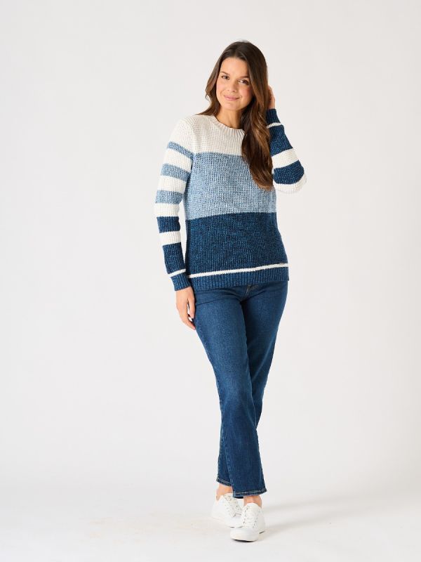 Blue and White Textured Knit Striped Jumper - Sandpiper 