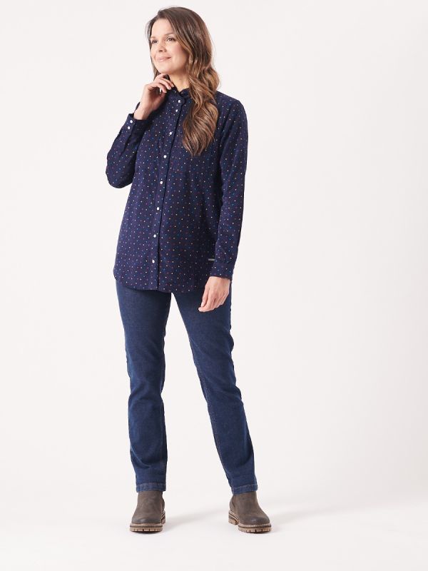 ladies corduroy shirt, ladies shirt, corduroy, corduroy shirt, navy shirt, frill, frill neck shirt, womens shirt, womens corduroy shirt, womens navy shirt