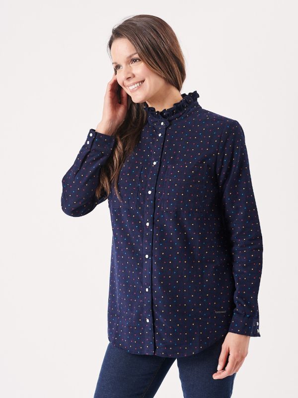 ladies corduroy shirt, ladies shirt, corduroy, corduroy shirt, navy shirt, frill, frill neck shirt, womens shirt, womens corduroy shirt, womens navy shirt