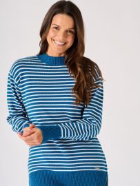 Blue and White Striped Button Shoulder Knitted Jumper- Fody
