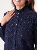 ladies corduroy shirt, ladies shirt, corduroy, corduroy shirt, navy shirt, frill, frill neck shirt, womens shirt, womens corduroy shirt, womens navy shirt
